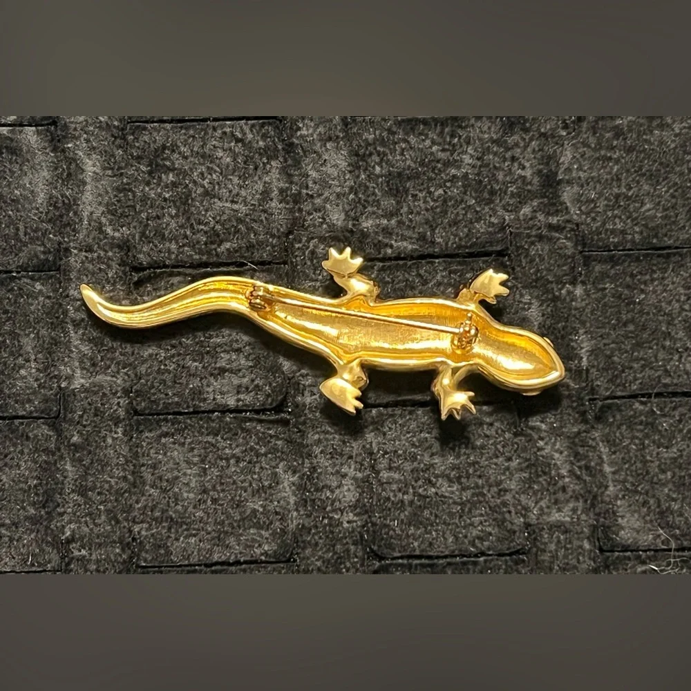 Vintage Gold toned Cz Green and Orange Emerald Lizard Reptile Brooch